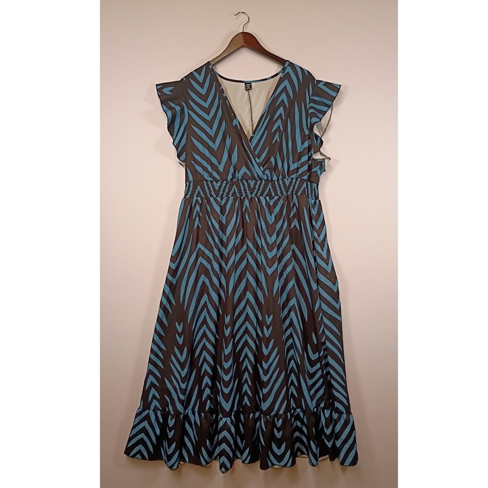 Boho Geometric SHEIN Curve Women 3XL Blue Black Flutter Sleeve Ruffle Midi Dress
